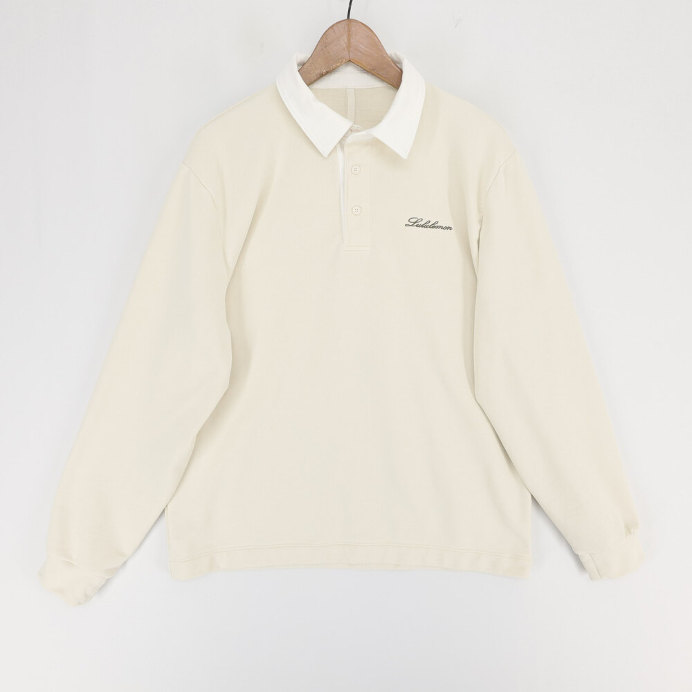 Lululemon Rugby Shirt Mens L Beige Polo Sweatshirt French Terry Long Sleeve